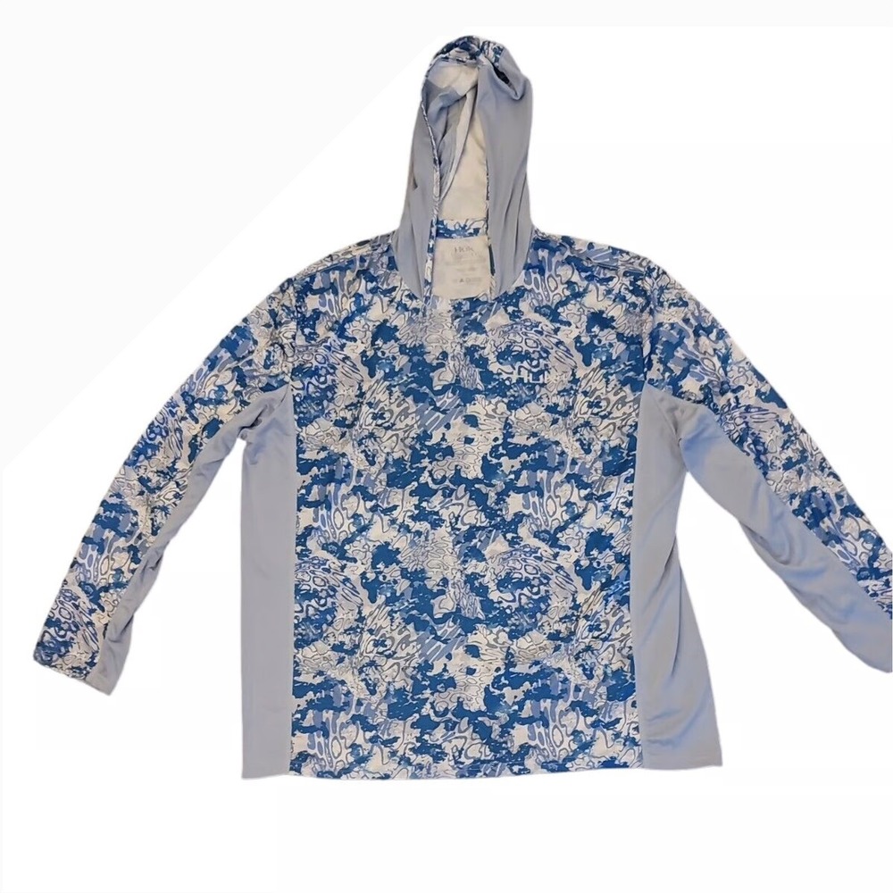 Huk Performance Fishing Hoodie Blue Camo Long Sleeve Sun Shirt Men's S